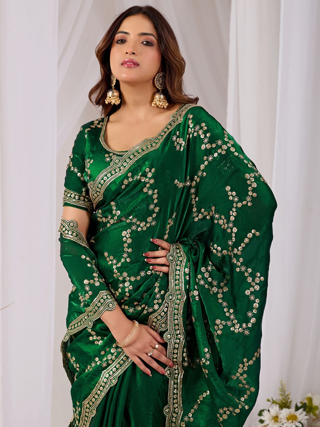 Emerald Green Embroidered Silk Saree with Designer Blouse for Wedding & Festive Wear