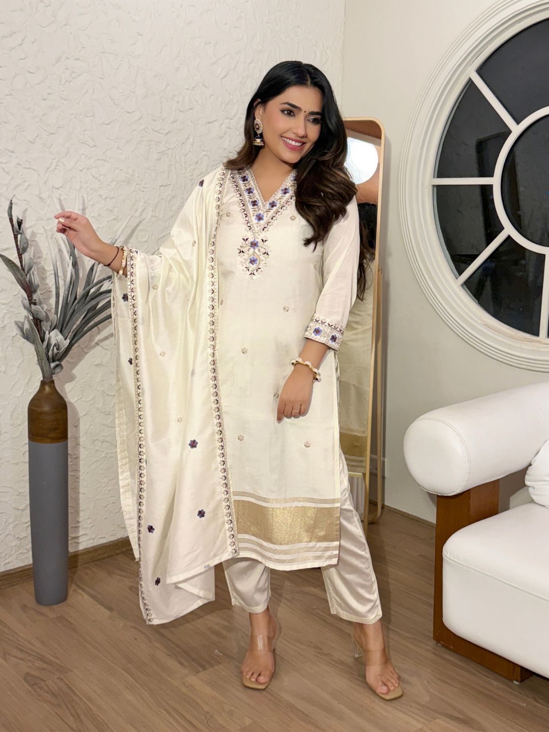 Beige Embroidered Viscose Silk Kurta Set with Chanderi Cotton Dupatta