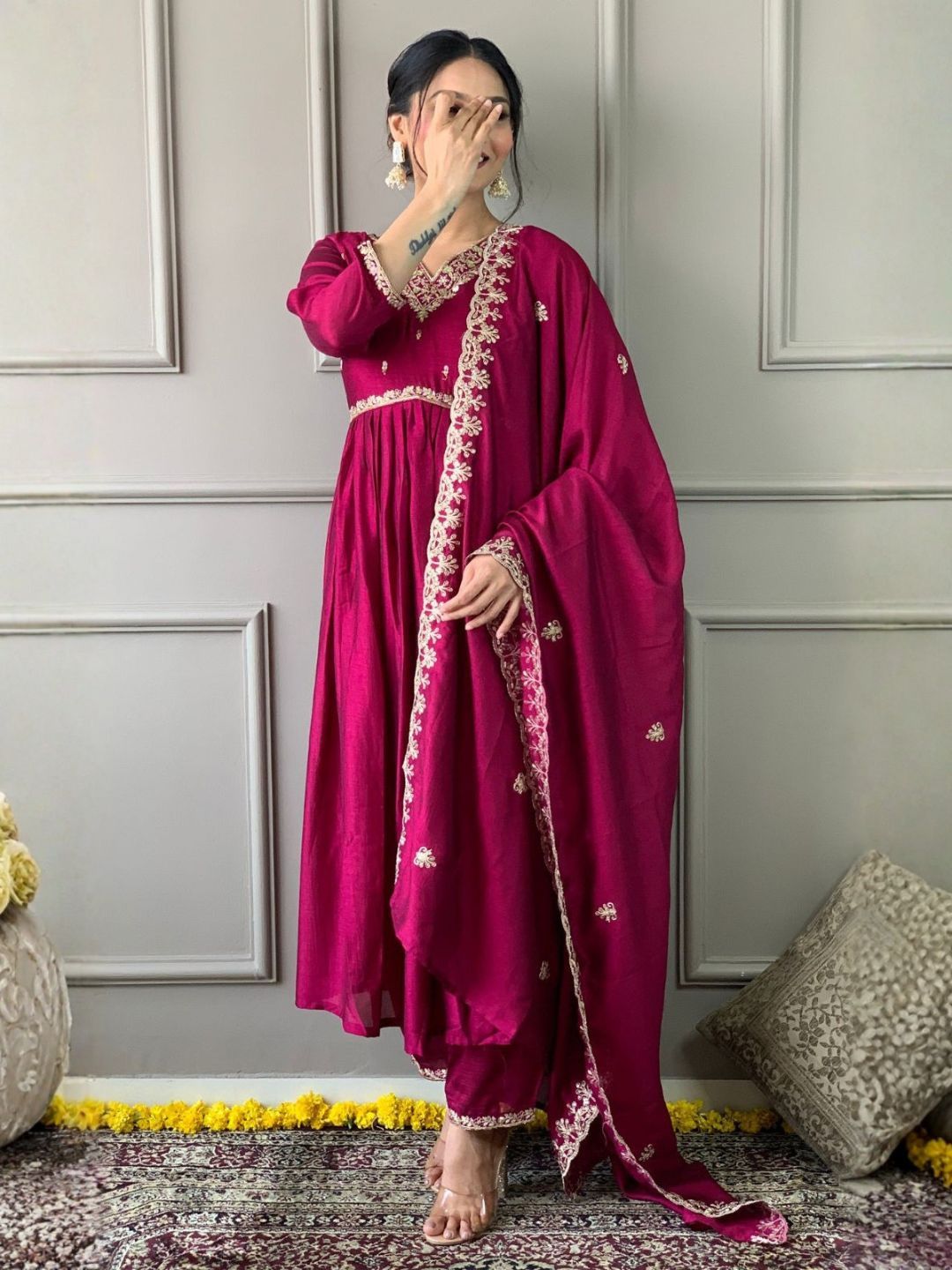 Women Wine CP Vichitra Embroidered Anarkali Kurta Pant Set with Dupatta