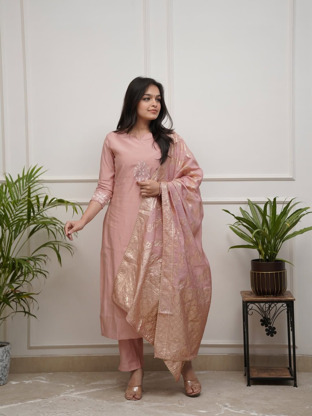 Women Blush Peach Embroidered PV Chanderi Kurta Pant Set with Jacquard Woven Cotton Dupatta