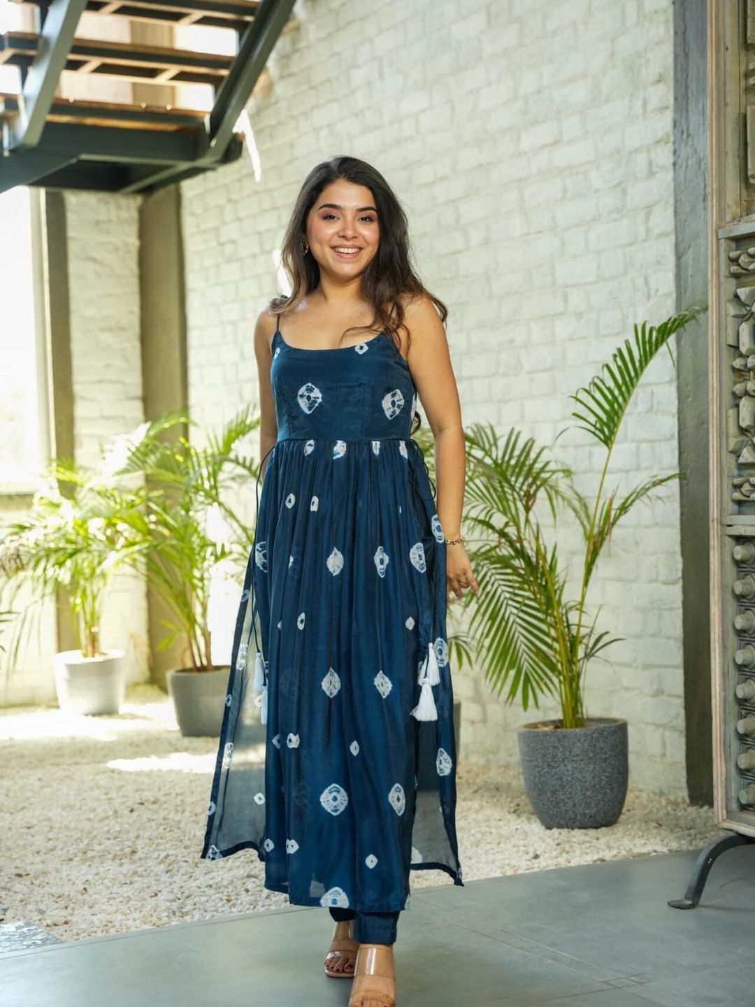 Navy Blue Printed Taby Silk Nyra Cut Kurta Set