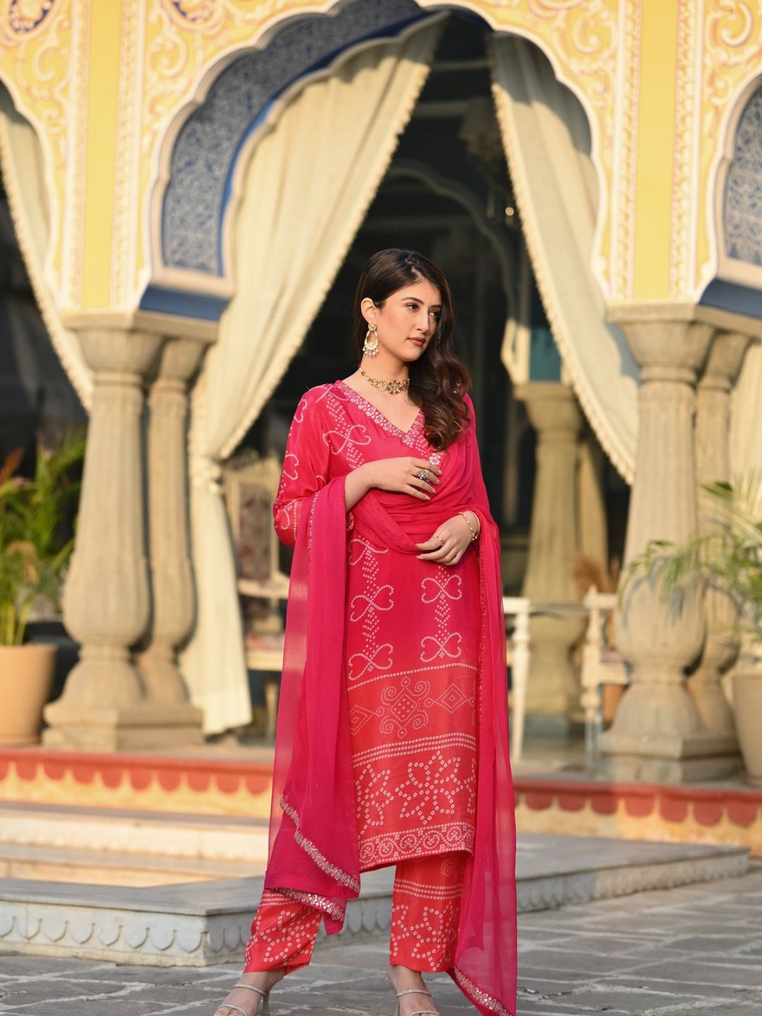 Peach Printed Chinnon Silk Kurta Set with Nazmeen Dupatta