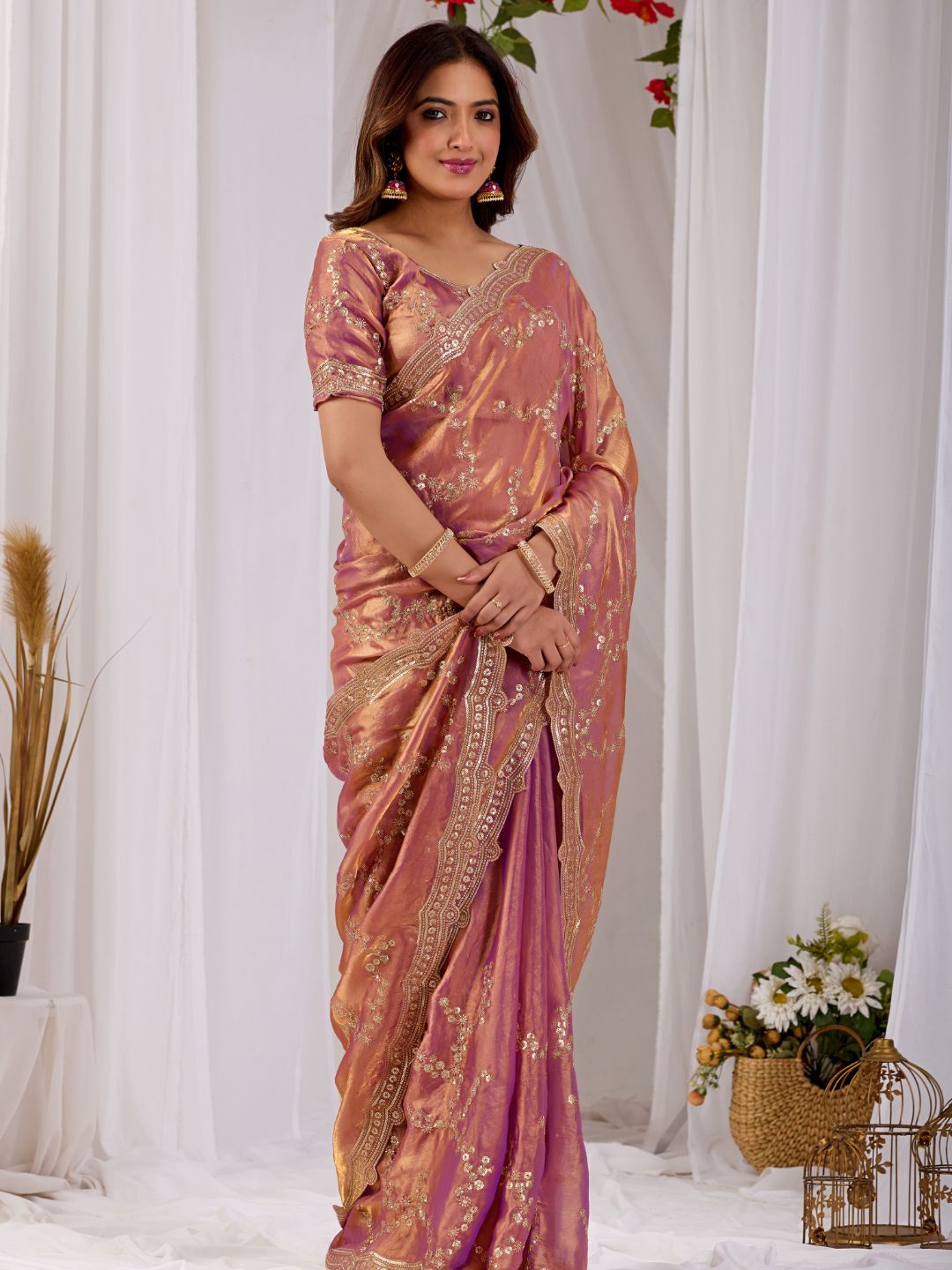 Rose Gold Embroidered Silk Saree with Designer Blouse for Wedding & Festive Wear