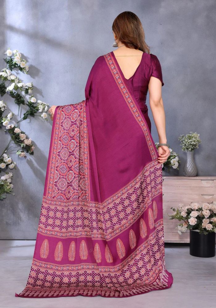 Elegant Wine Banarasi Satin Silk Saree with Golden Zari Woven Border