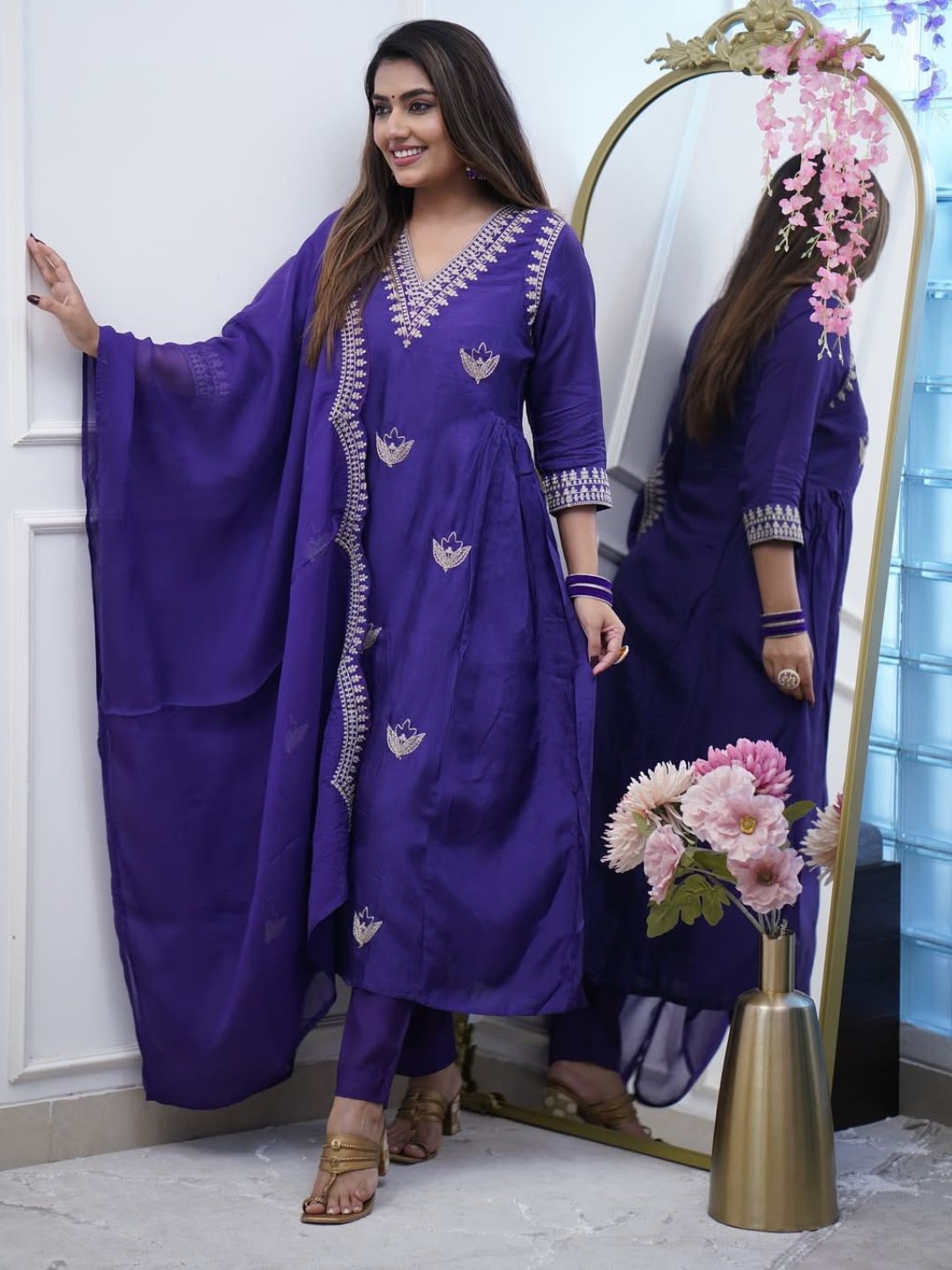 Royal Purple Embroidered PV Chanderi Kurta Set with Chanderi Cotton Dupatta