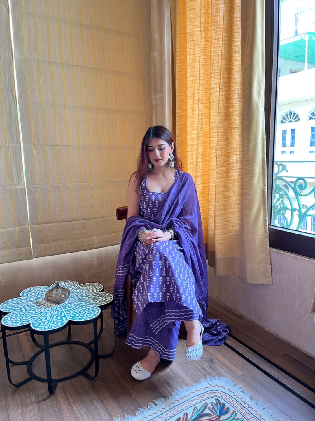 Lavender Printed Rayon Slub Kurta Palazzo Set with Chanderi Cotton Dupatta