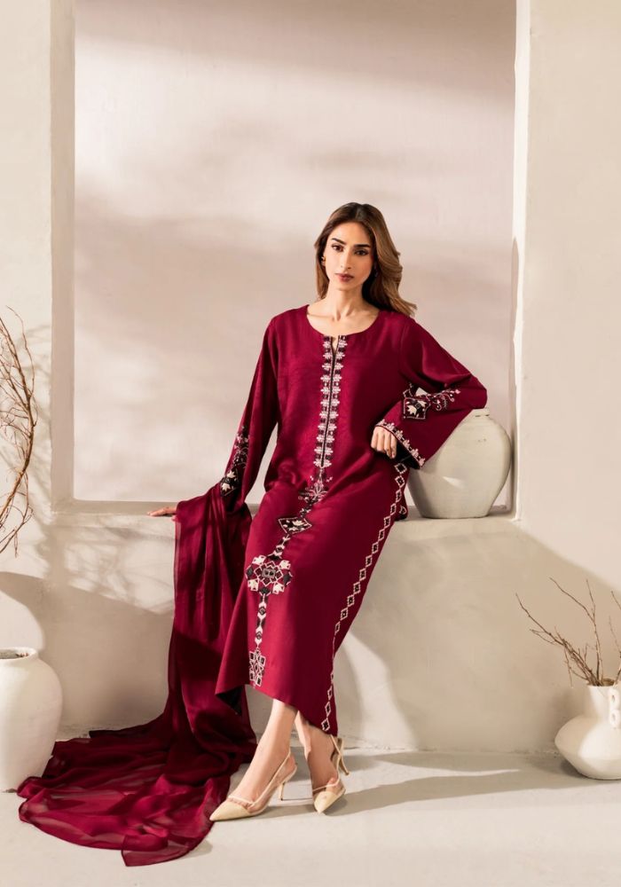 Maroon Embroidered Chanderi Silk Kurta Set with Chinon Dupatta