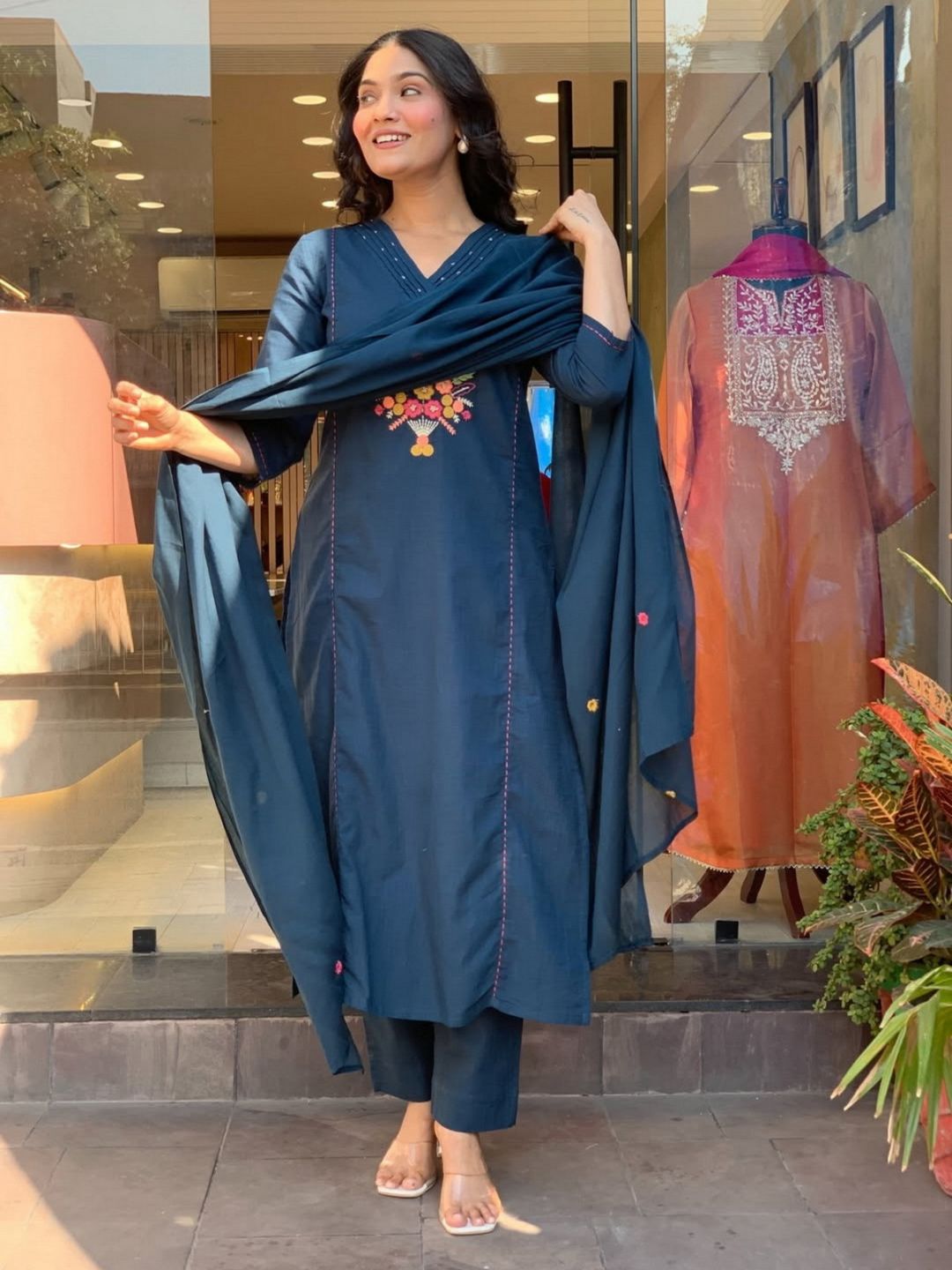 Teal Blue Embroidered Rayon Slub Kurta Set with Chanderi Cotton Dupatta