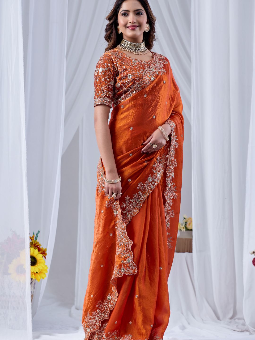 Rust Orange Embroidered Silk Saree with Designer Blouse