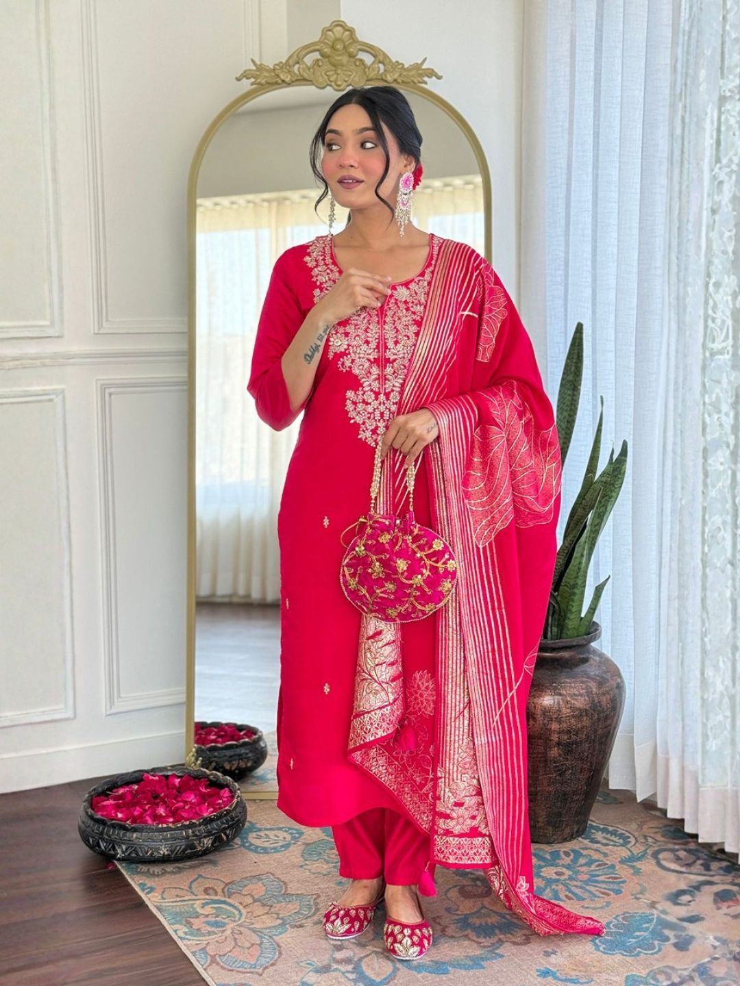 Women Rani Pink Roman Silk Embroidered Kurta Pant Set with Designer Jacquard Dupatta