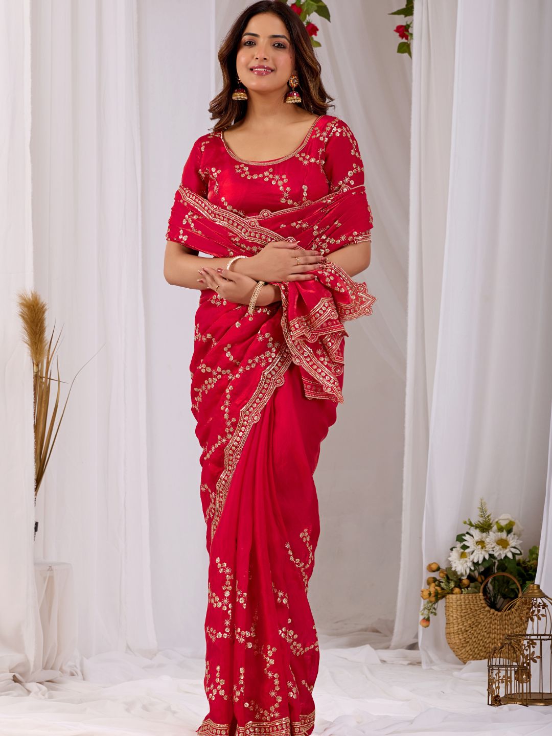 Rani Pink Embroidered Silk Saree with Designer Blouse for Wedding & Festive Wear
