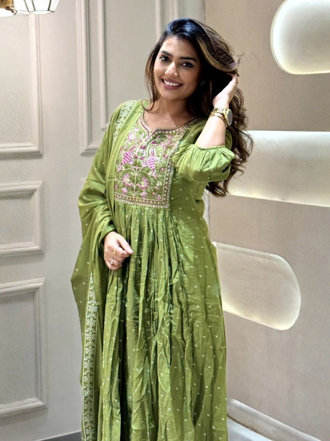 Olive Green Embroidered Cotton Anarkali Kurta Set with Dupatta