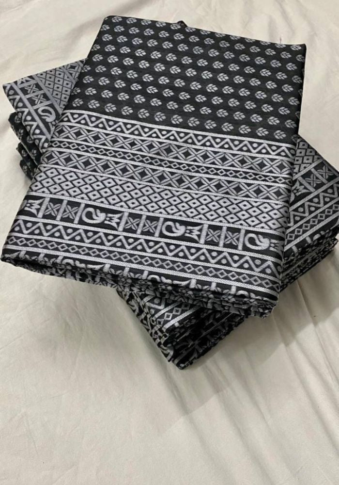 Black Banarasi Satin Silk Saree with Silver Zari Woven Motifs