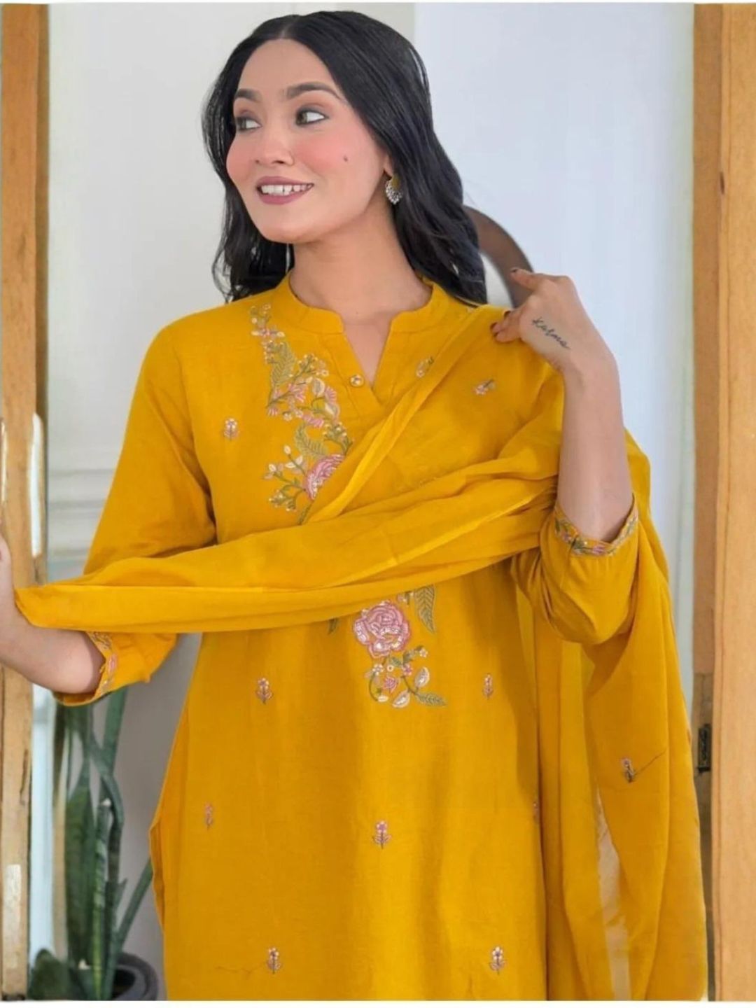Women Mustard Yellow Embroidered Rayon Slub Kurta Set with Dupatta