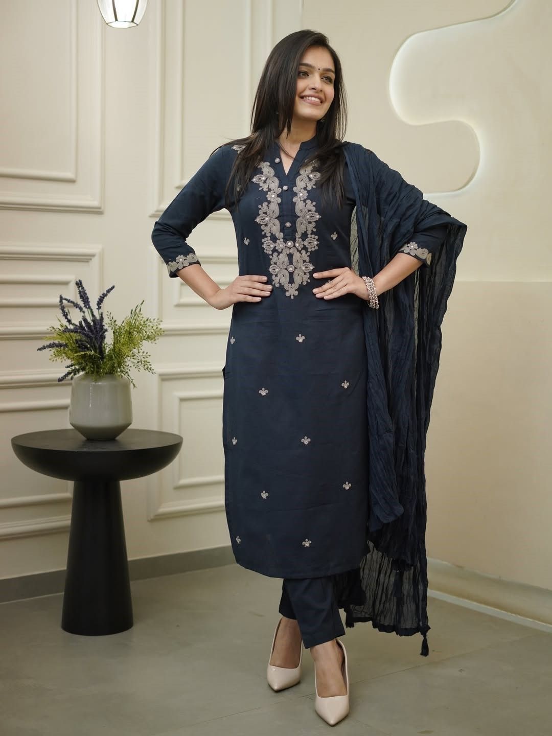 Navy Blue Embroidered Rayon Slub Kurta Set with Chanderi Cotton Dupatta