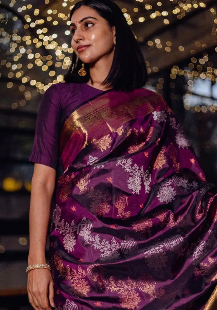 Elegant Wine Banarasi Satin Silk Saree with Golden Zari Woven Border