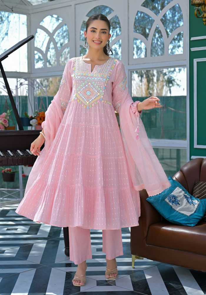 Pink Embroidered Flex Cotton Kurta Set with Cota Checks Dupatta for Women
