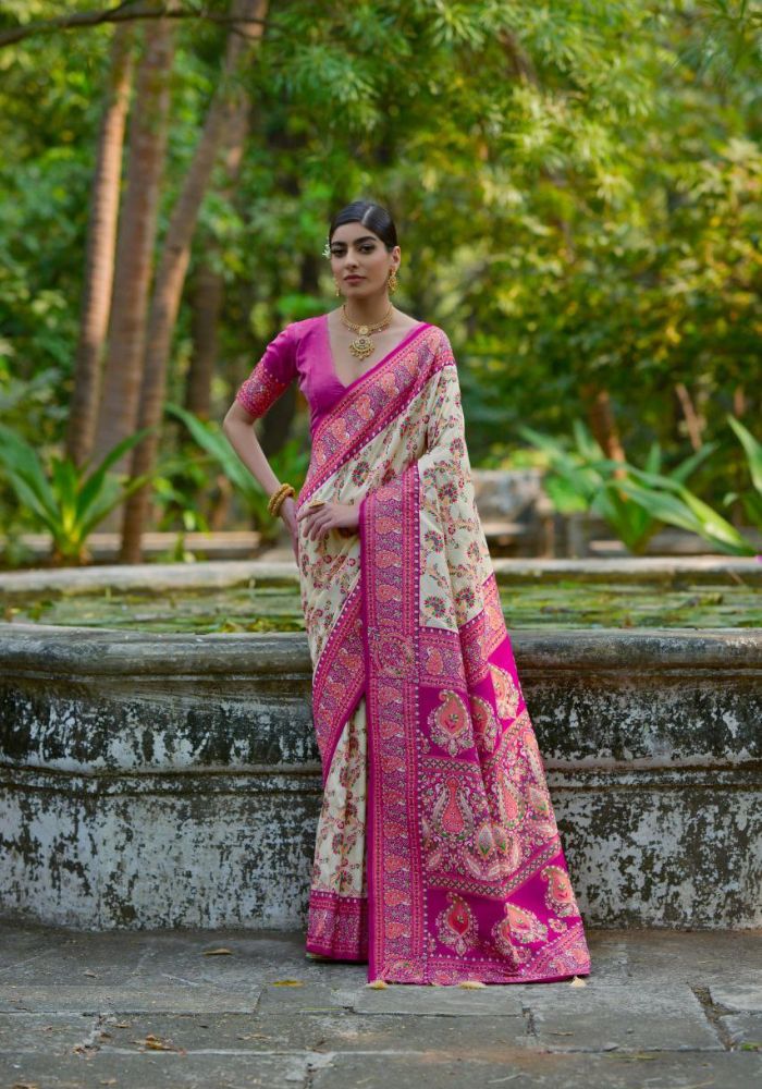 Luxury Woven Pashmina Silk Beige Saree with All-Over Floral Design & Contrast Pallu
