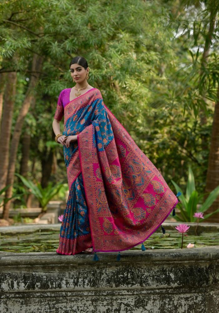 Luxury Woven Pashmina Silk Blue Saree with All-Over Floral Design & Contrast Pallu