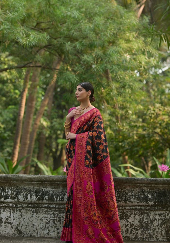 Luxury Woven Pashmina Silk Black Saree with All-Over Floral Design & Contrast Pallu