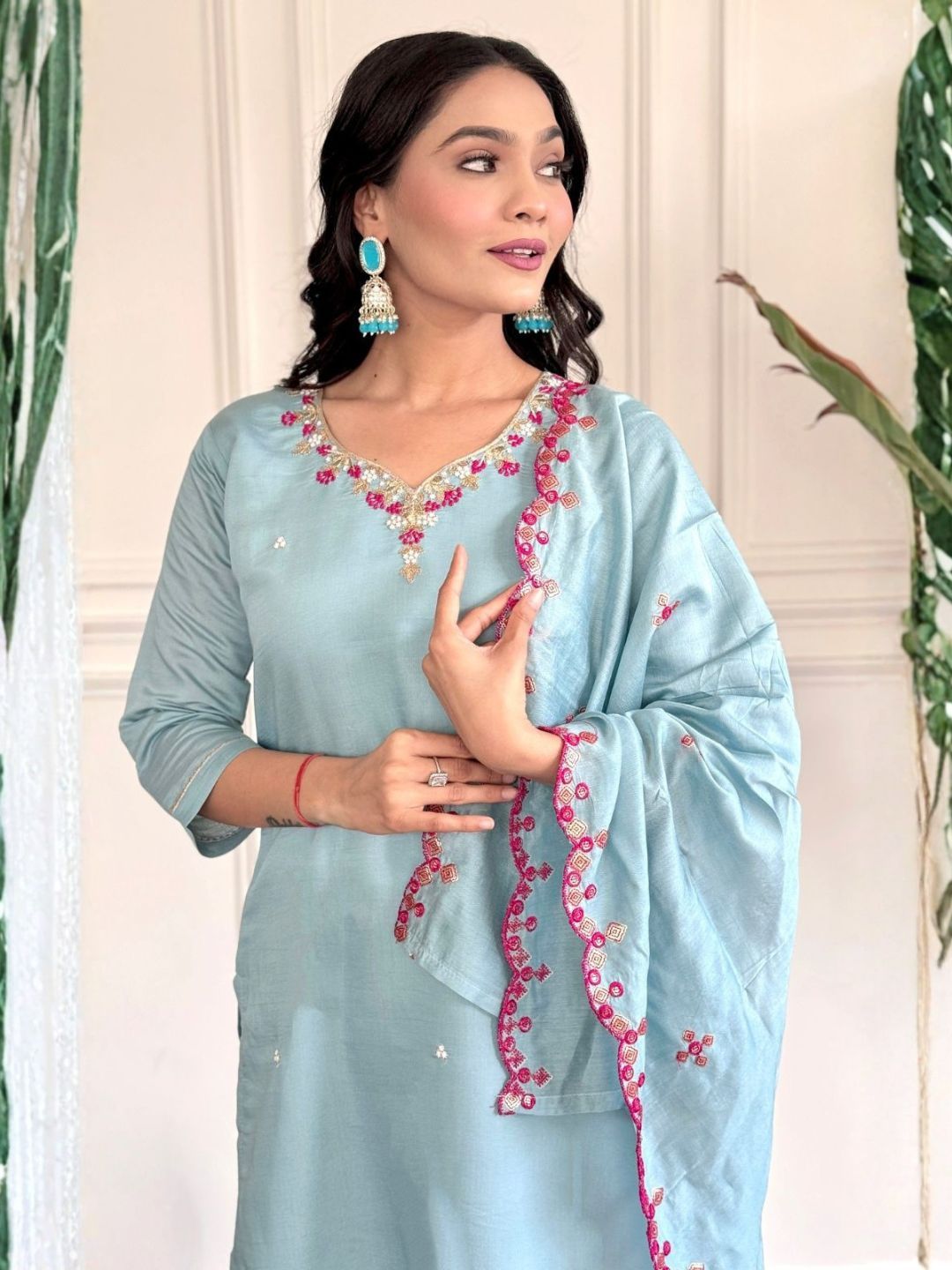 Women Sky Blue Viscose Chanderi Embroidered Kurta Pant Set with Dupatta