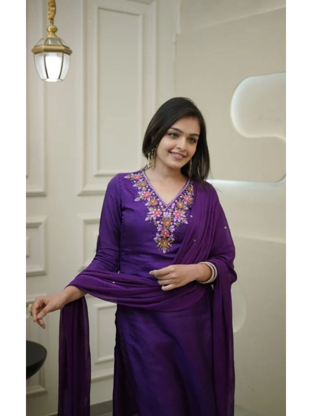 Women Purple Vichitra Embroidered Kurta Pant Set with Dupatta