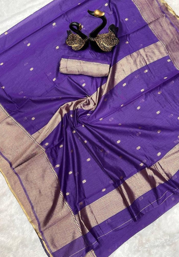 Purple Banarasi Satin Silk Saree with Golden Zari Woven Motifs & Rich Border