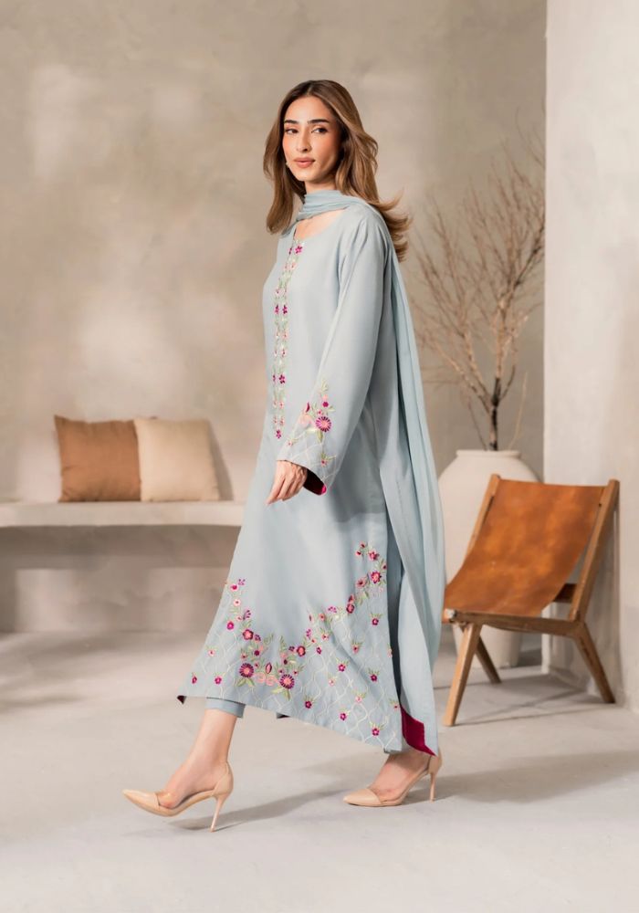 Mist Blue Embroidered Chanderi Silk Kurta Set with Chinon Dupatta