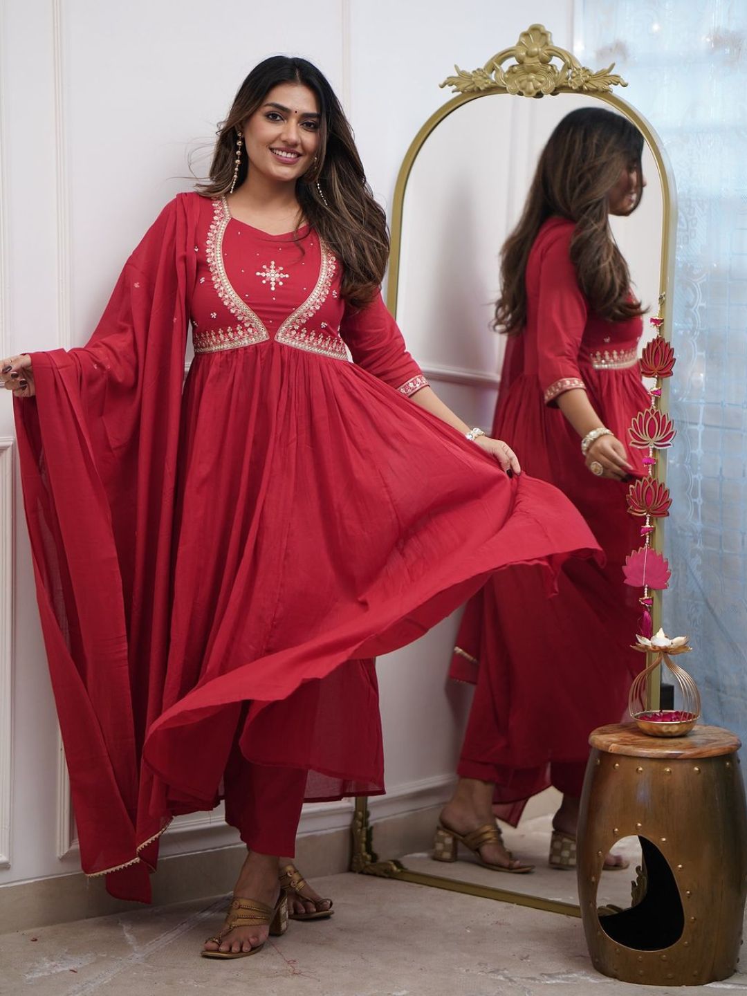 Ruby Red Embroidered Muslin Cotton Anarkali Kurta Set with Chanderi Cotton Dupatta