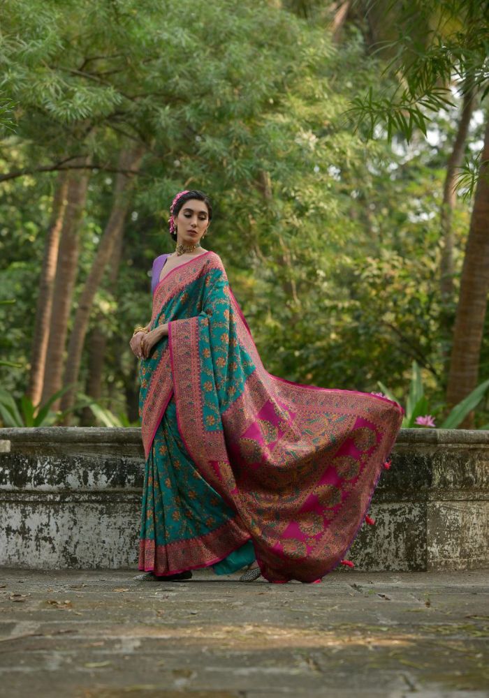 Luxury Woven Pashmina Silk Sky Saree with All-Over Floral Design & Contrast Pallu