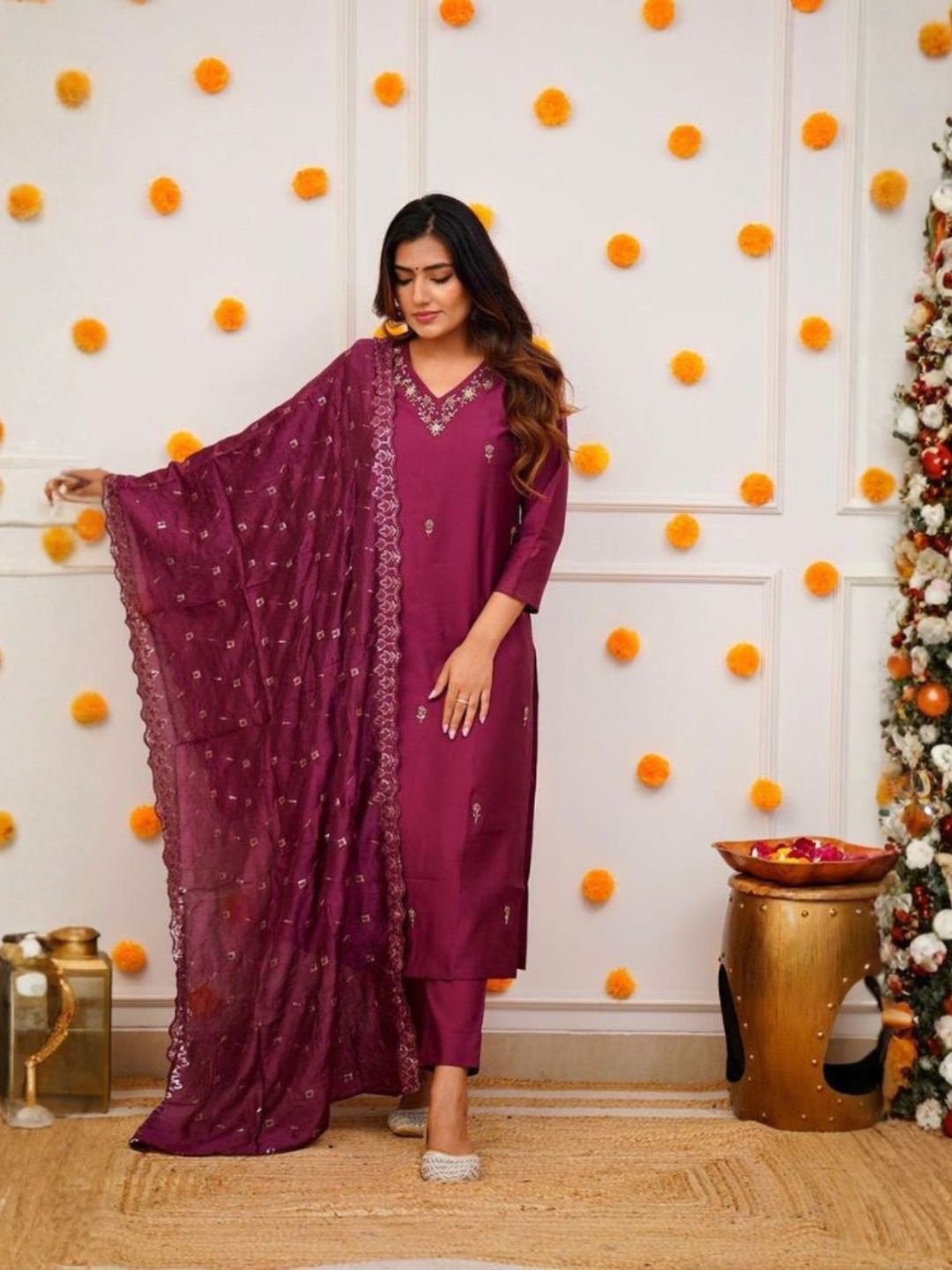 Women Wine Purple Embroidered Viscose Chanderi Kurta Pant Set with Organza Dupatta