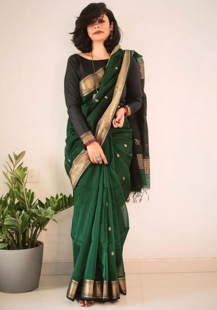 Elegant Dark Green Banarasi Satin Silk Saree with Golden Zari Woven Border