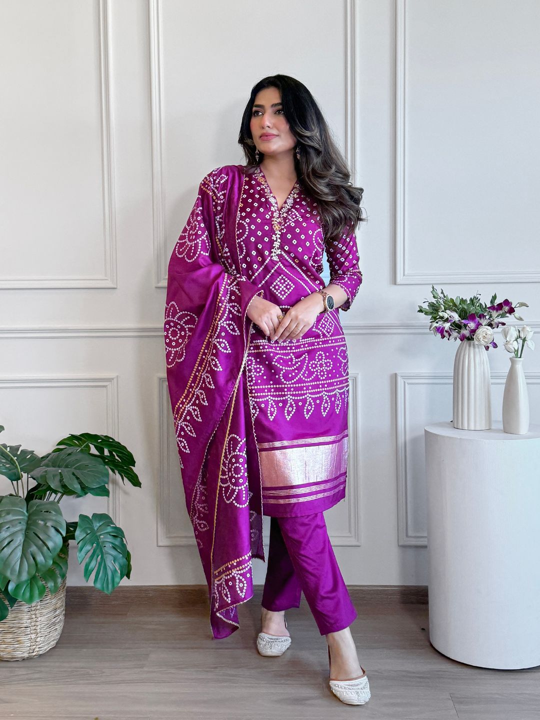 Magenta Position Printed Viscose Kurta Set with Chanderi Cotton Dupatta