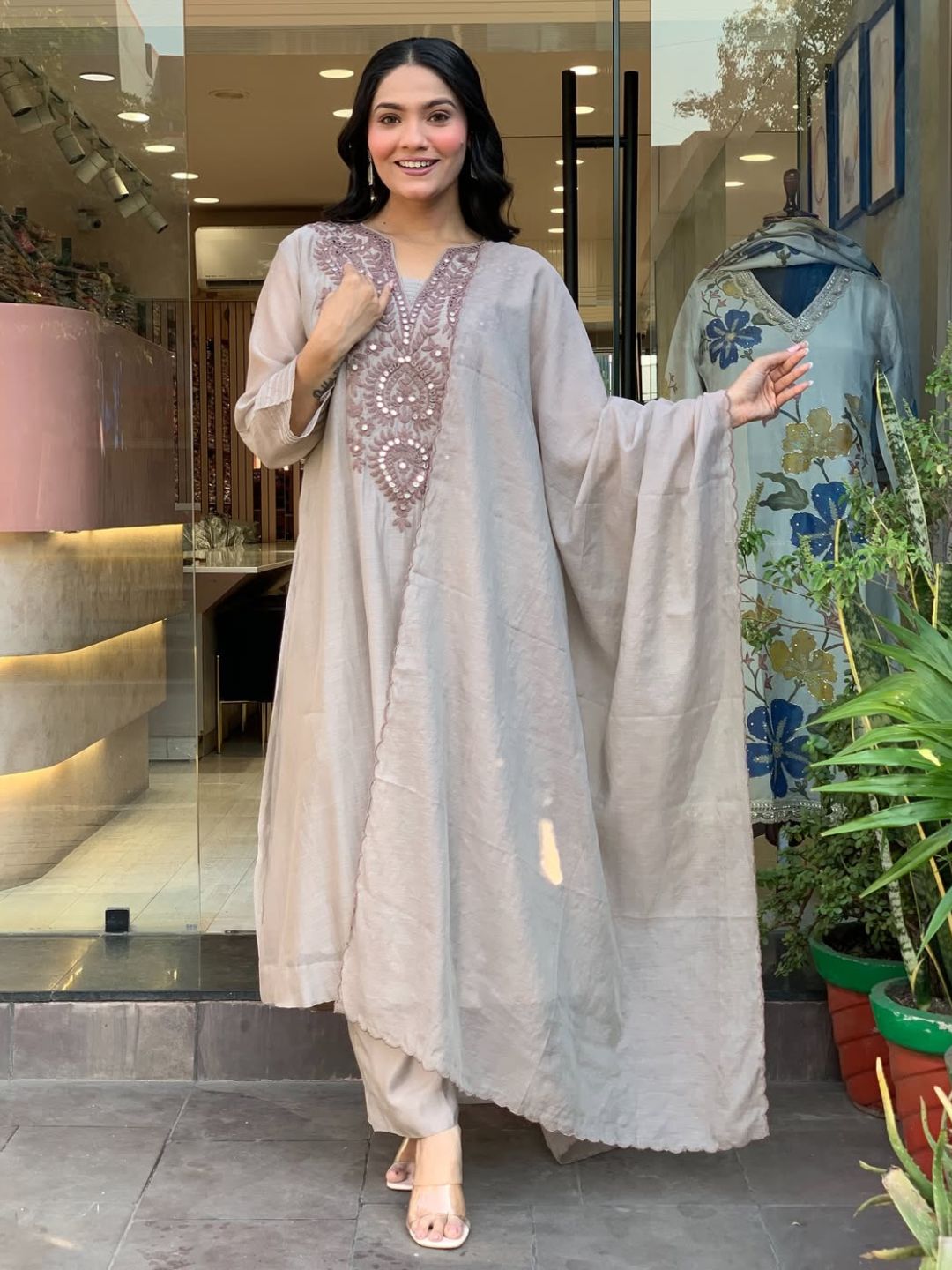 Women Beige Heavy Embroidered Muslin Cotton Flared Kurta Pant Set with Embroidered Muslin Dupatta