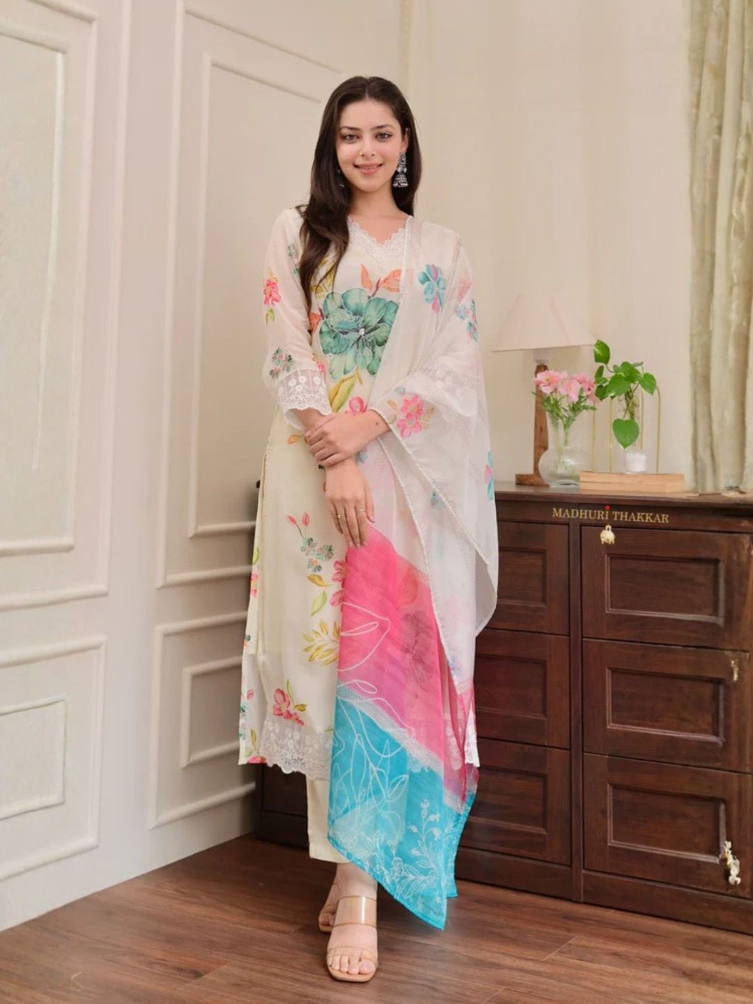 Ivory Floral Printed Viscose Kurta Set with Multicolor Dupatta