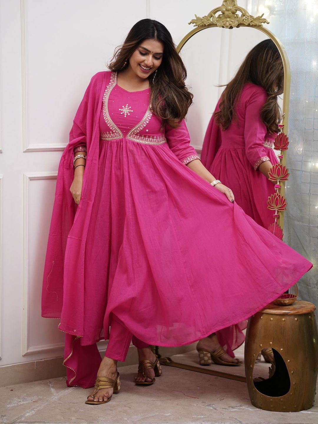 Rani Pink Embroidered Muslin Cotton Anarkali Kurta Set with Chanderi Cotton Dupatta