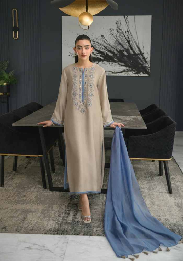 Beige Embroidered Chanderi Silk Kurta Set with Chinon Dupatta