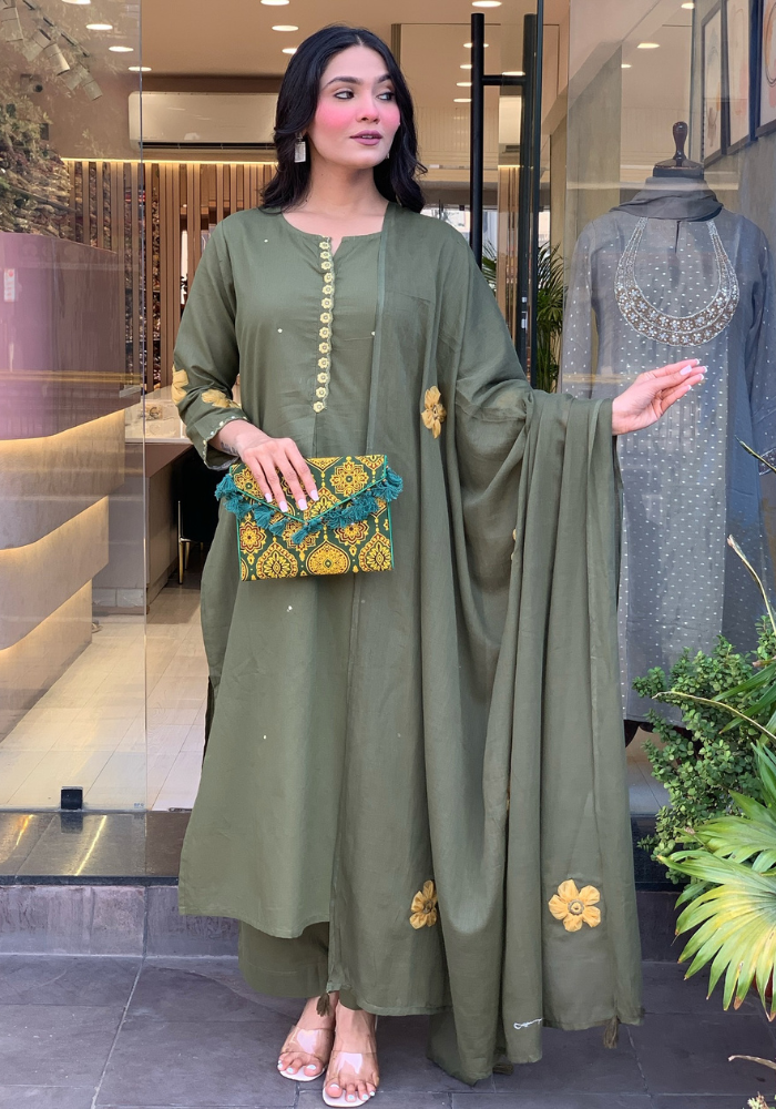 Olive Green Embroidered Chanderi Silk Kurta Set with Dupatta for Women