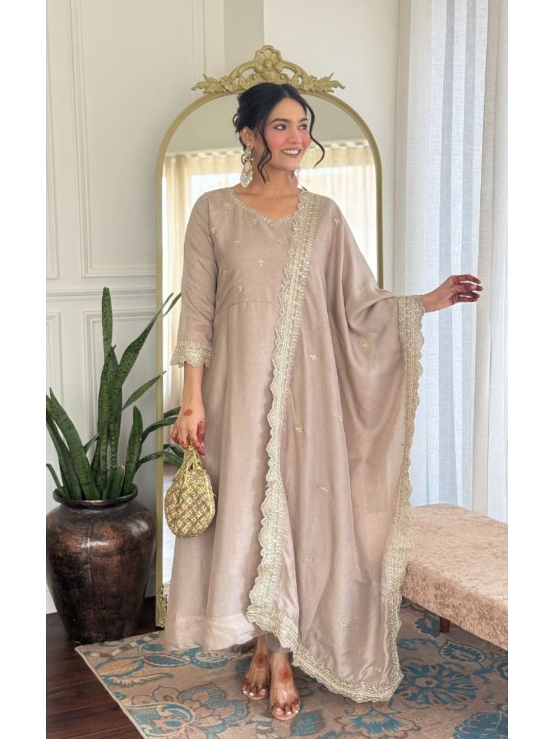 Women Beige Vichitra Silk Embroidered Anarkali Kurta Set with Dupatta