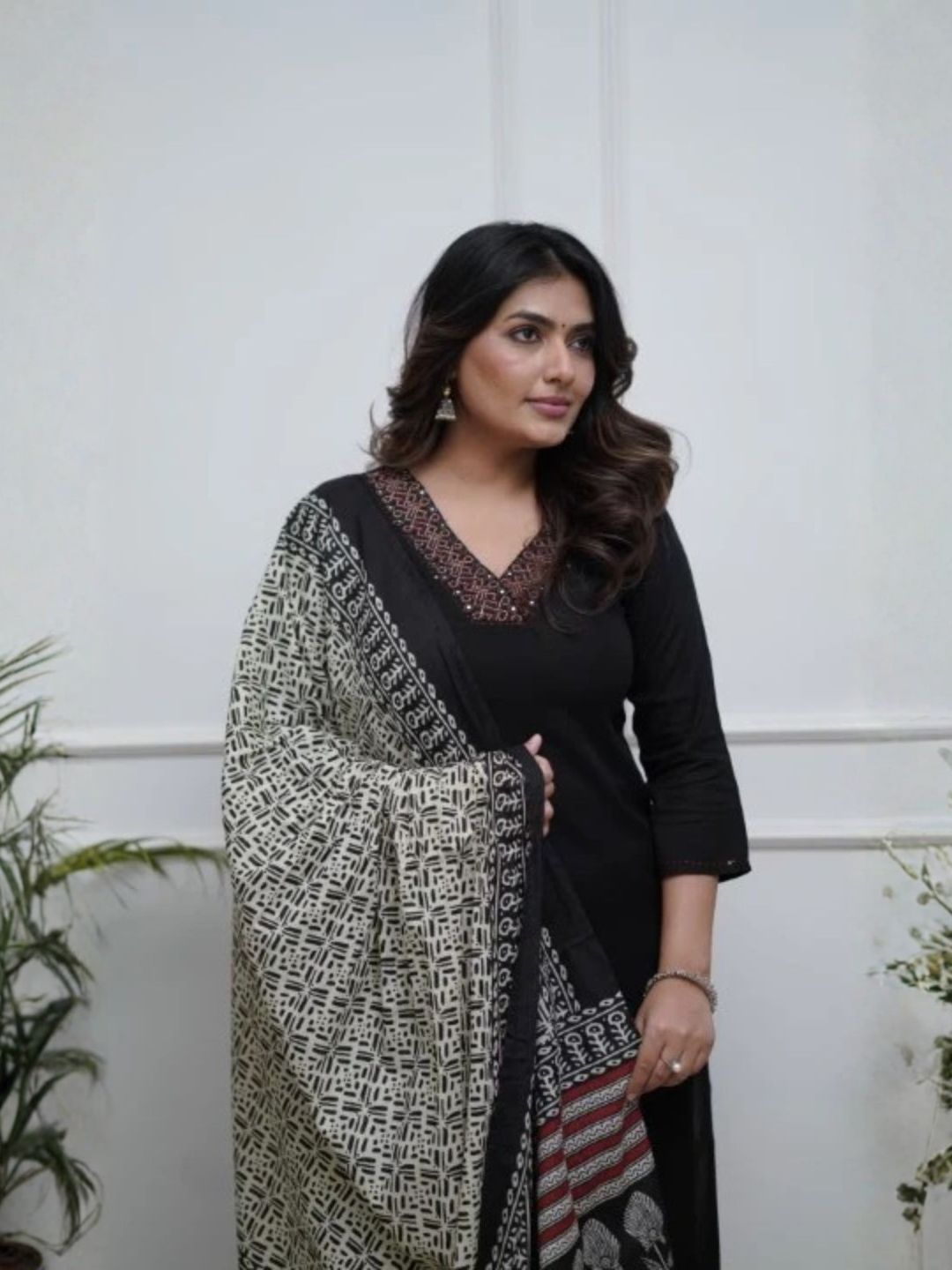 Women Black Embroidered Kurta Palazzo Set with Digital Print Chanderi Dupatta