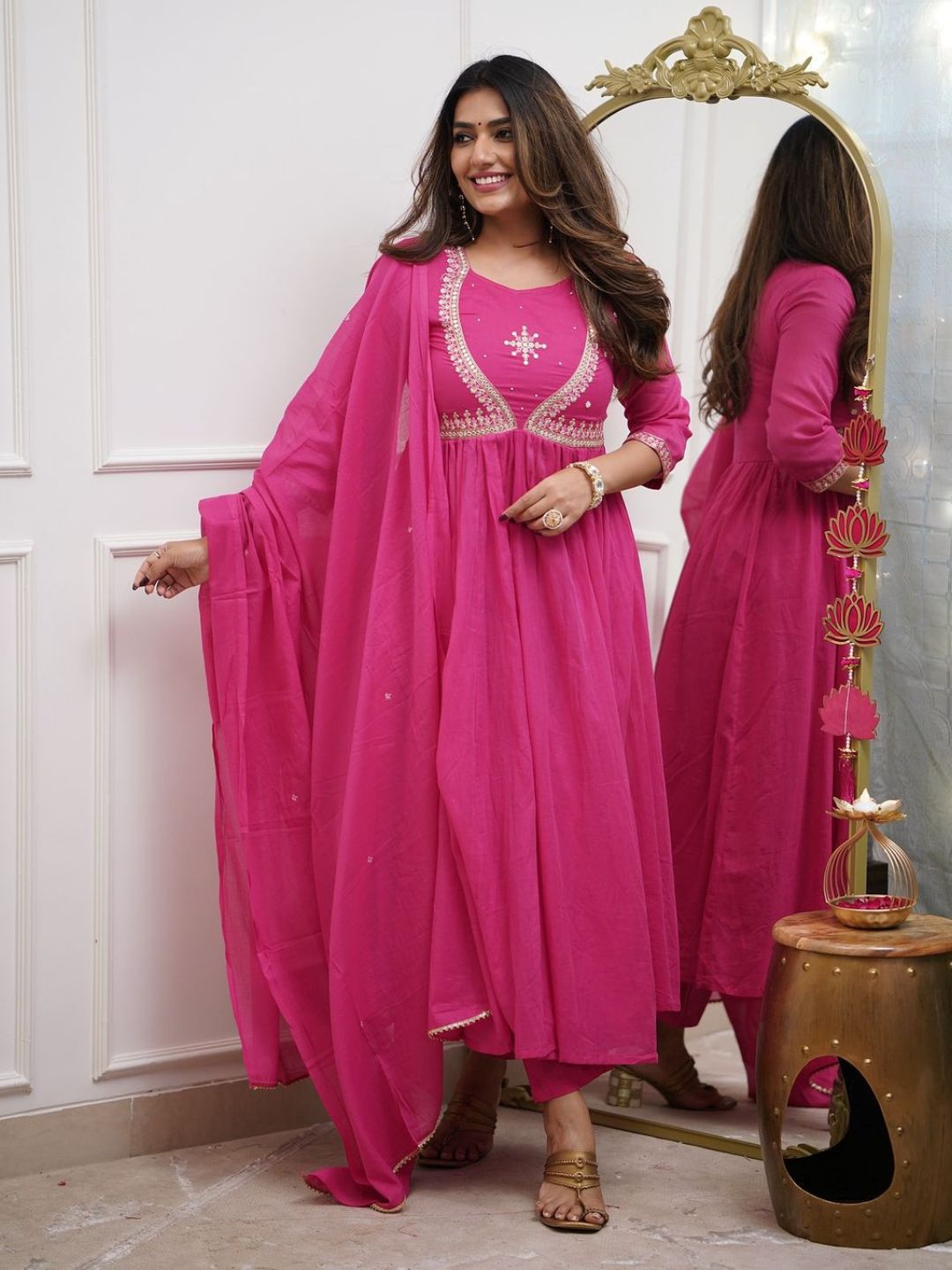 Rani Pink Embroidered Muslin Cotton Anarkali Kurta Set with Chanderi Cotton Dupatta