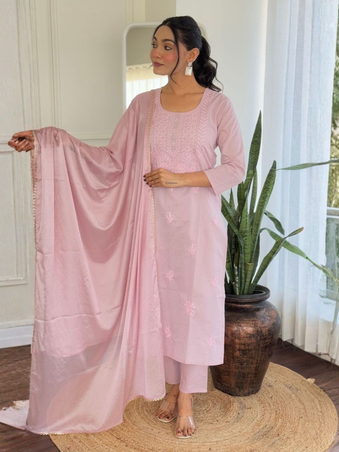 Women Baby Pink Pure Cotton Embroidered Kurta Pant Set with Matching Dupatta