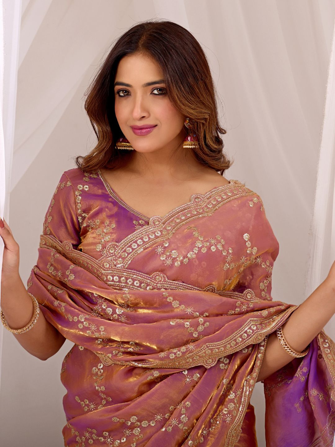 Rose Gold Embroidered Silk Saree with Designer Blouse for Wedding & Festive Wear