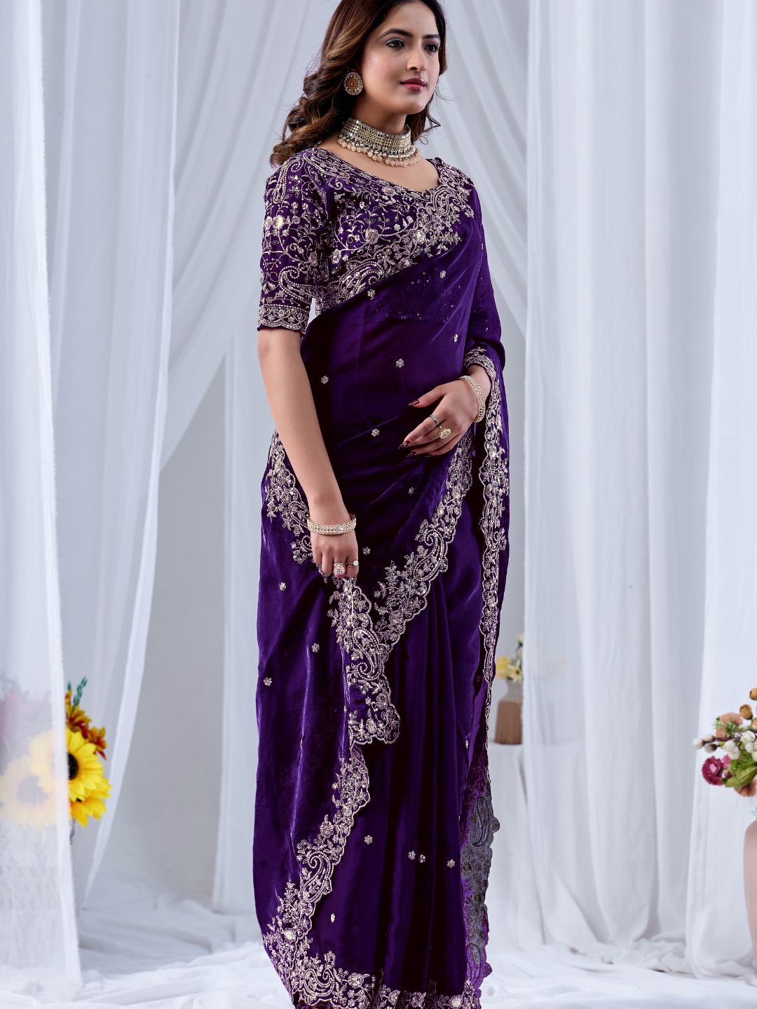 Royal Purple Embroidered Silk Saree with Designer Blouse