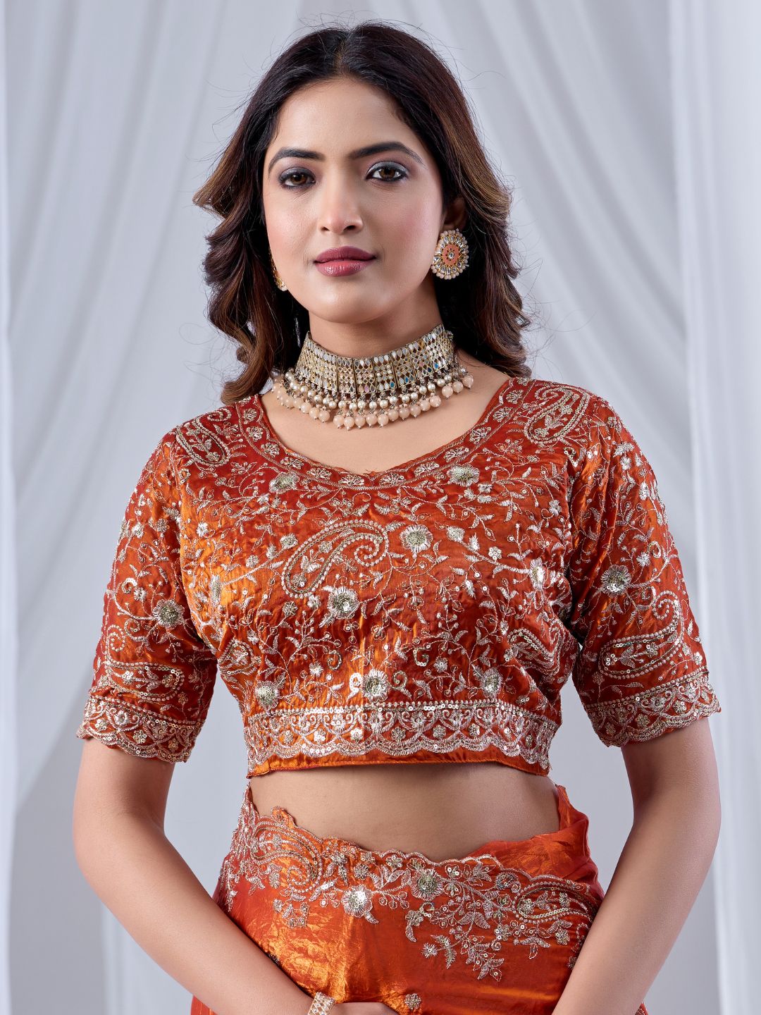 Rust Orange Embroidered Silk Saree with Designer Blouse