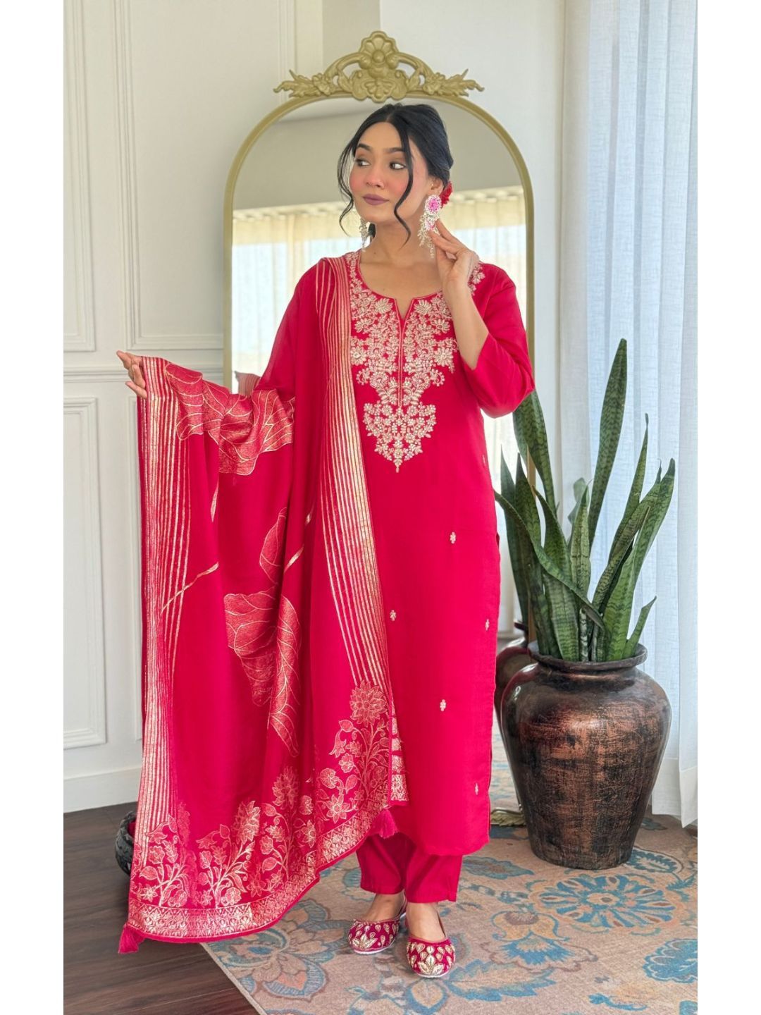 Women Rani Pink Roman Silk Embroidered Kurta Pant Set with Designer Jacquard Dupatta