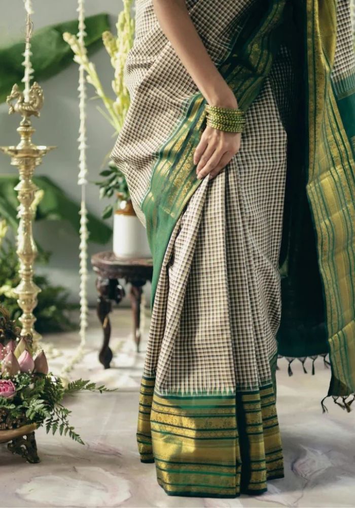 Classic Dark Green Banarasi Satin Silk Saree with Golden Zari Woven Border