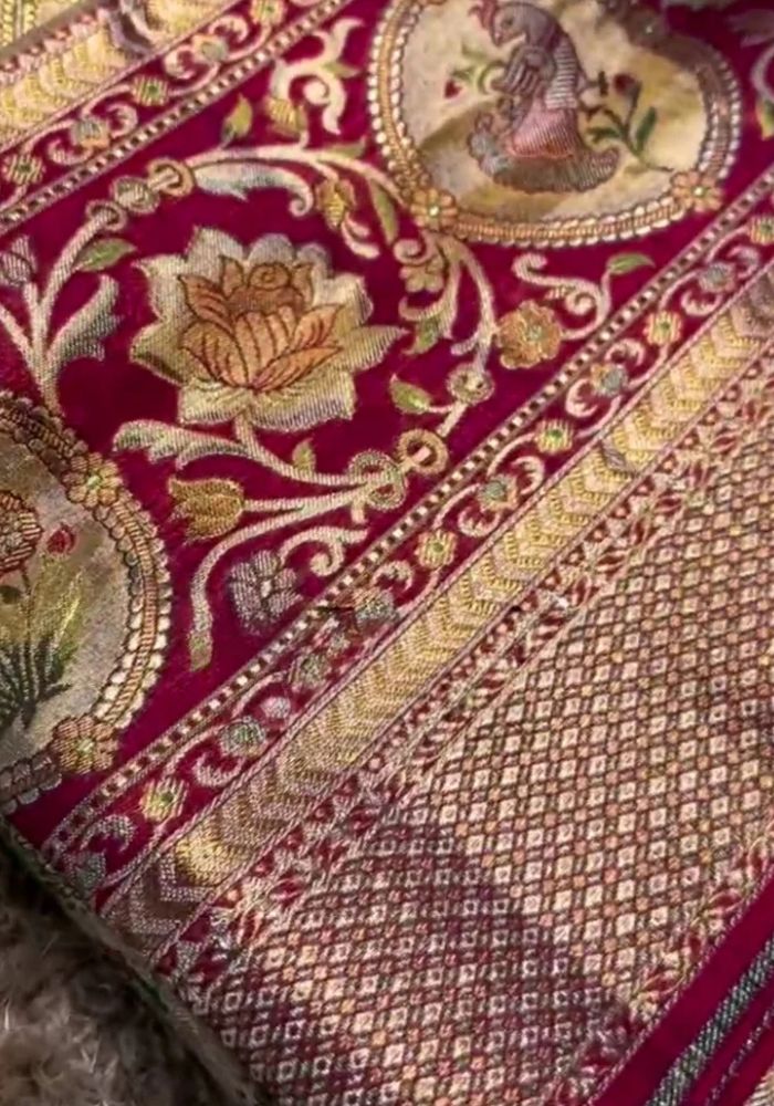 Gold Semi Kanchipuram Silk Saree with Zari Floral Checks & Rich Red Border