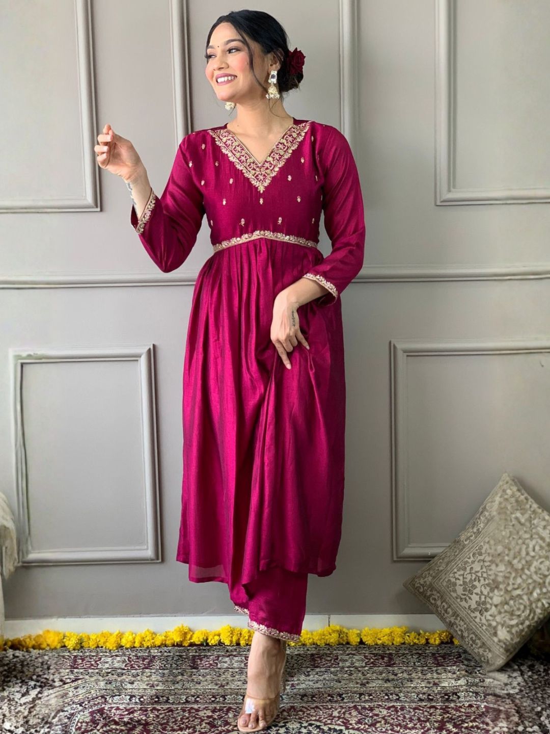 Women Wine CP Vichitra Embroidered Anarkali Kurta Pant Set with Dupatta