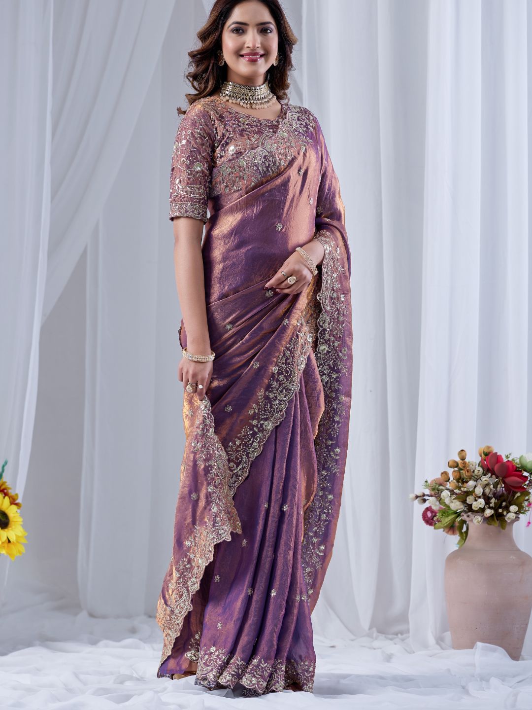 Dusty Mauve Embroidered Silk Saree with Designer Blouse
